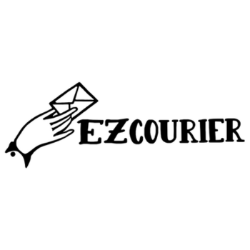 Logo of EZCourier featuring a stylised hand holding an envelope beside the company name in bold text.